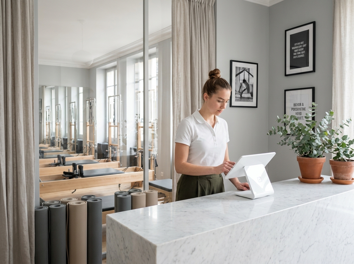 Accueil d'un studio de Pilates parisien avec une instructrice consultant le planning des cours sur une tablette, ambiance moderne et épurée