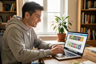 Jeune homme parcourant un site de vente de cartes Pokémon en ligne sur son ordinateur portable dans un bureau à domicile