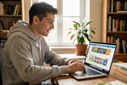 Jeune homme parcourant un site de vente de cartes Pokémon en ligne sur son ordinateur portable dans un bureau à domicile