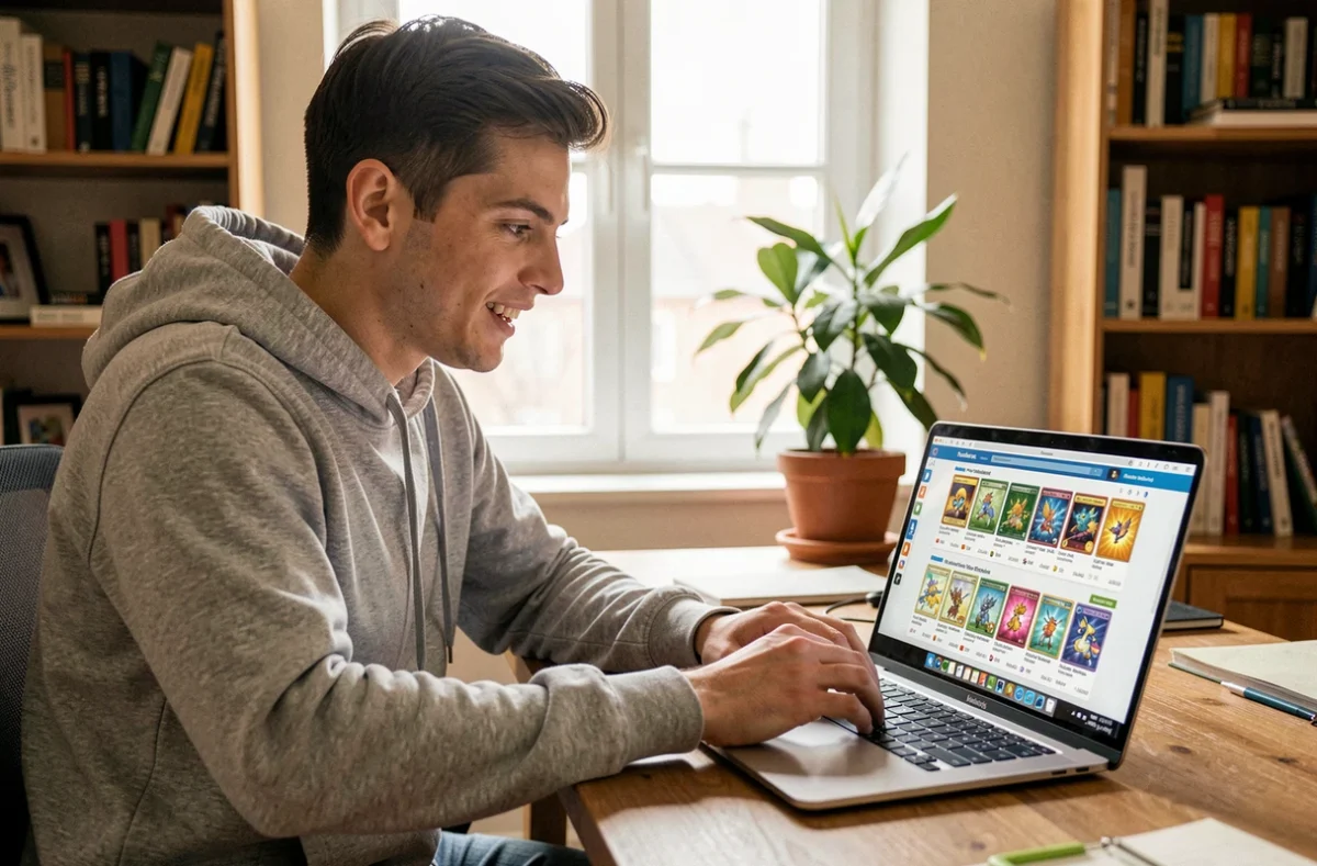 Jeune homme parcourant un site de vente de cartes Pokémon en ligne sur son ordinateur portable dans un bureau à domicile