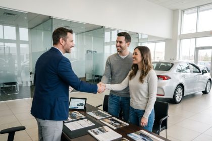 Conseiller commercial en concession automobile serrant la main d'un couple satisfait lors de l'achat d'une voiture neuve