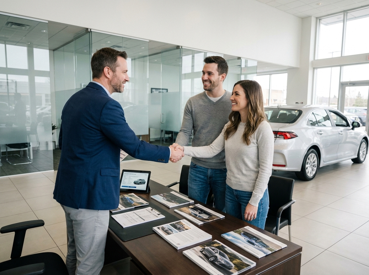 Conseiller commercial en concession automobile serrant la main d'un couple satisfait lors de l'achat d'une voiture neuve
