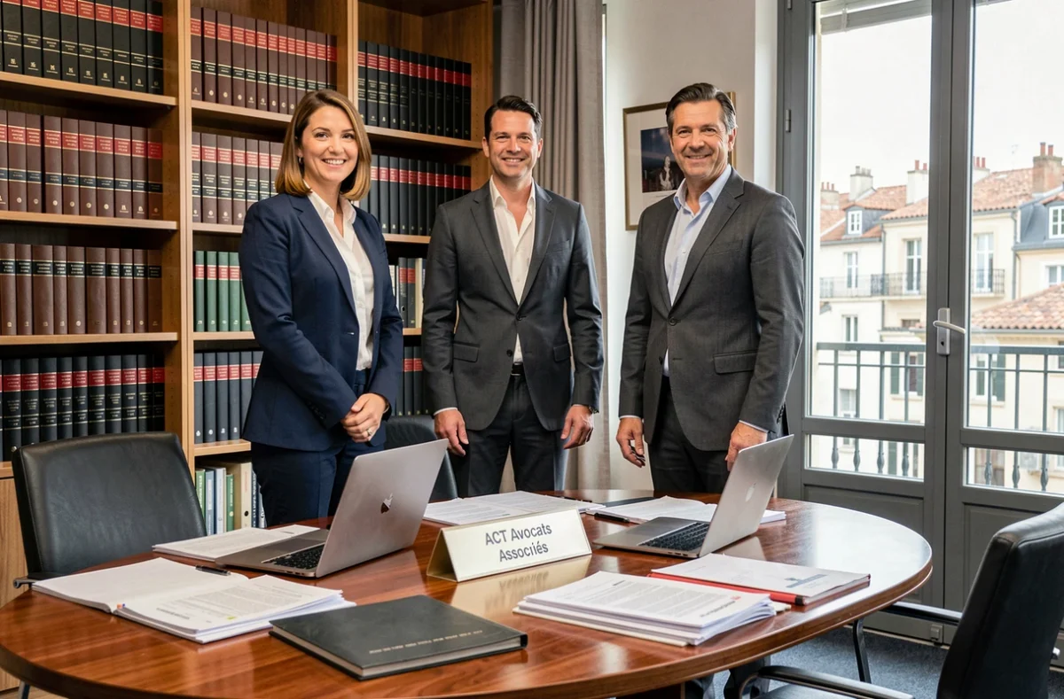 Trois avocats associés du cabinet ACT Avocats posant ensemble dans une salle de réunion professionnelle à Digne-les-Bains
