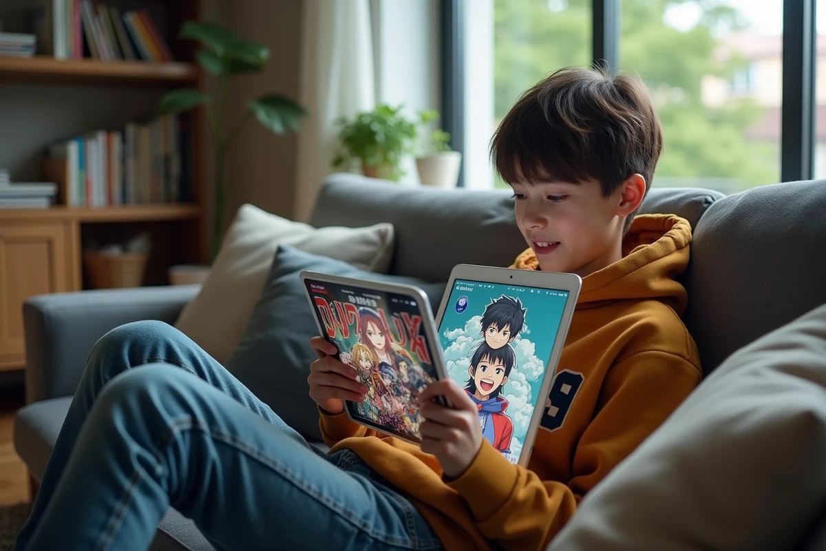 Adolescent détendu regardant manga sur tablette dans le salon