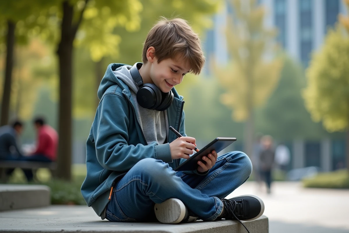 Adolescent dessinant dans un parc urbain avec une tablette et écouteurs