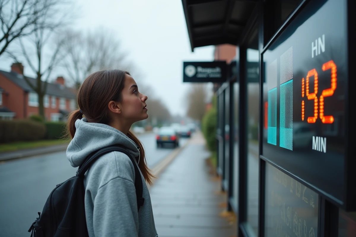 Adolescente attendant le bus ligne 192 devant un panneau d'affichage des horaires en temps réel en banlieue