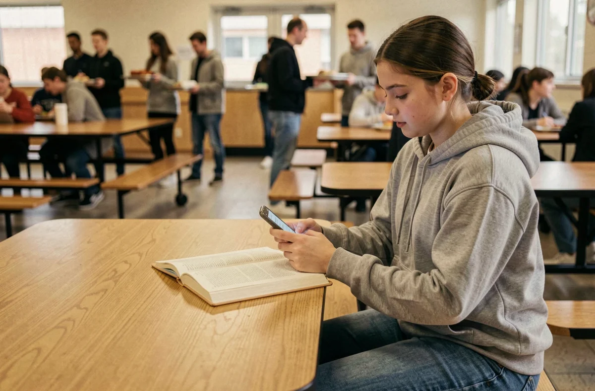 Adolescente qui scrolle sur son téléphone à la cafétéria scolaire au lieu d'étudier, problème de distraction numérique à l'école