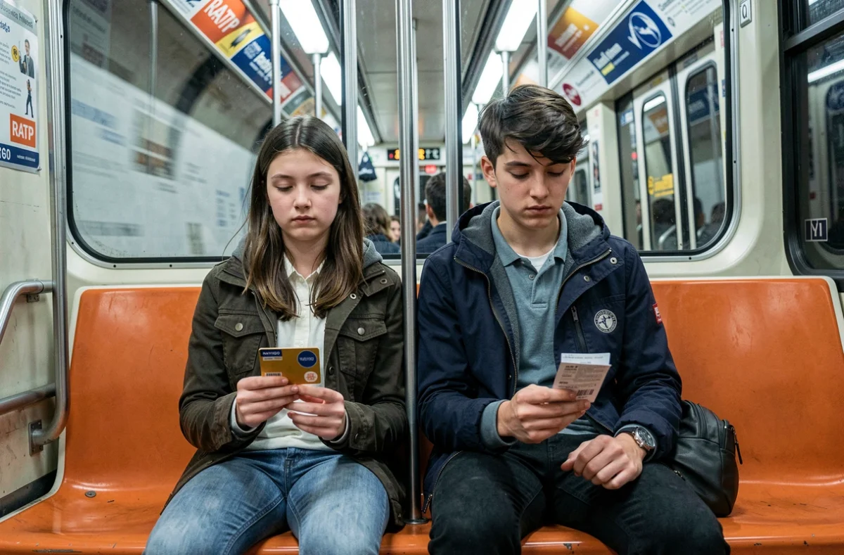 Deux adolescents dans le métro parisien vérifiant leurs titres de transport Navigo et ticket