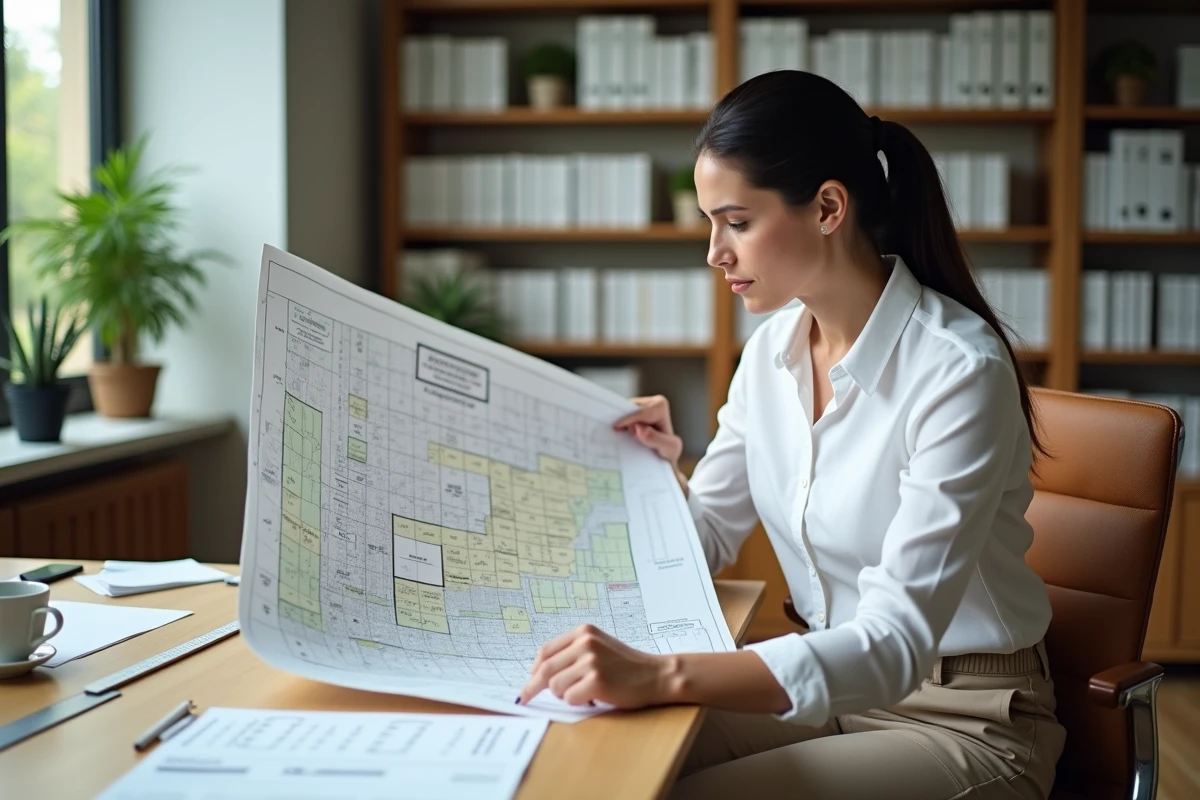Agent immobilière étudiant un plan cadastral avec des unités de surface en hectares et mètres carrés sur son bureau