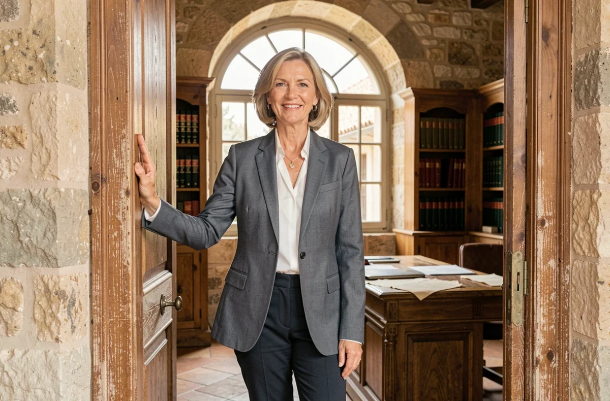L'avocate Agnès Réveillon à l'entrée de son cabinet dans un bâtiment provençal historique