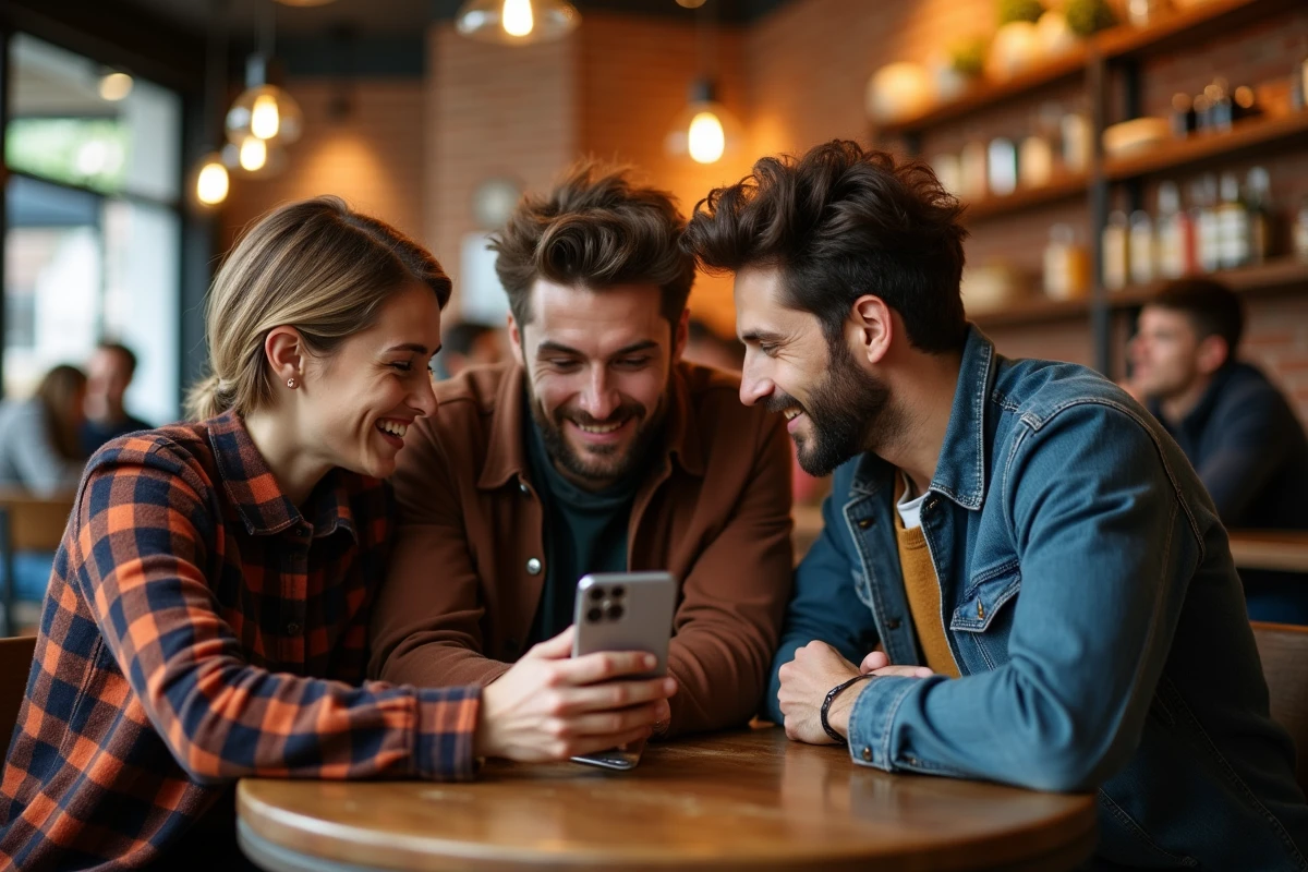 Groupe d'amis jouant ensemble à Cémantix autour d'un smartphone dans un café urbain, montrant le côté social et addictif du jeu de mots