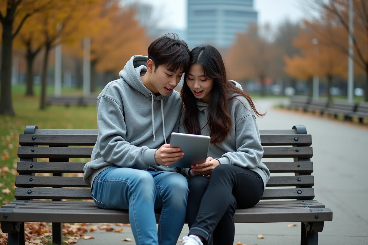 Deux amis passionnés de manga lisant ensemble le scan de One Punch Man chapitre 286 sur une tablette dans un parc urbain