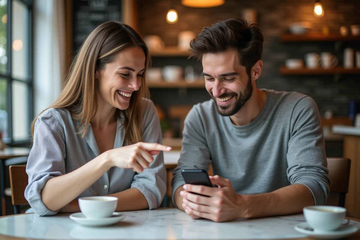 Deux amis qui rient en lisant une conversation SMS avec un GDB dans un café