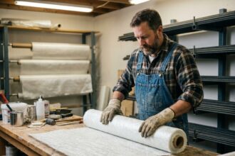 Artisan manipulant une feuille de fibre de verre dans un atelier de construction, comparaison des matériaux de renfort