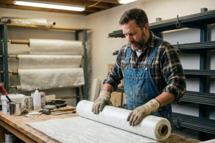 Artisan manipulant une feuille de fibre de verre dans un atelier de construction, comparaison des matériaux de renfort
