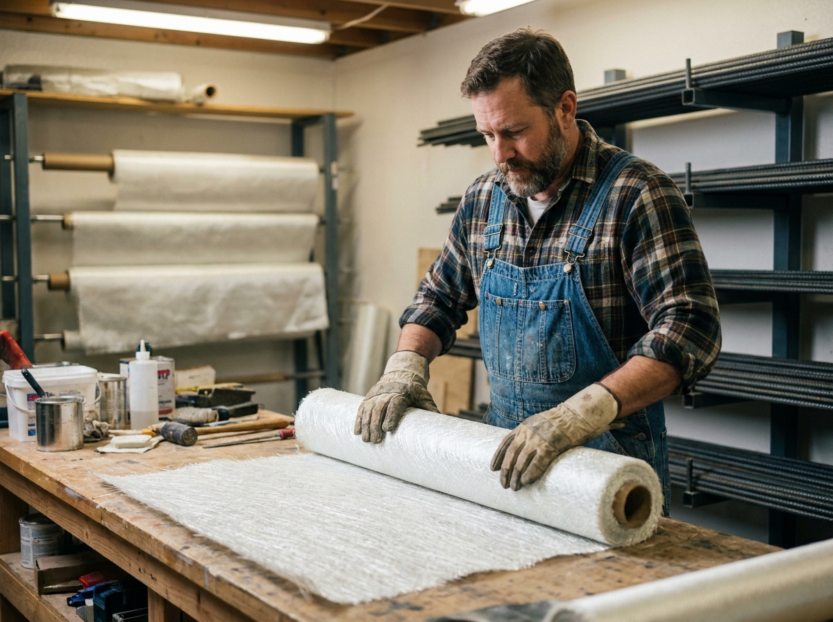 Artisan manipulant une feuille de fibre de verre dans un atelier de construction, comparaison des matériaux de renfort