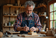 Artisan middleaged sculptant du bois dans son atelier