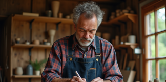 Artisan middleaged sculptant du bois dans son atelier