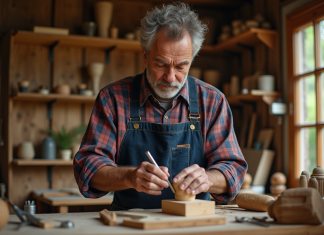 Artisan middleaged sculptant du bois dans son atelier