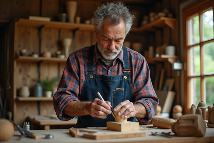 Artisan middleaged sculptant du bois dans son atelier