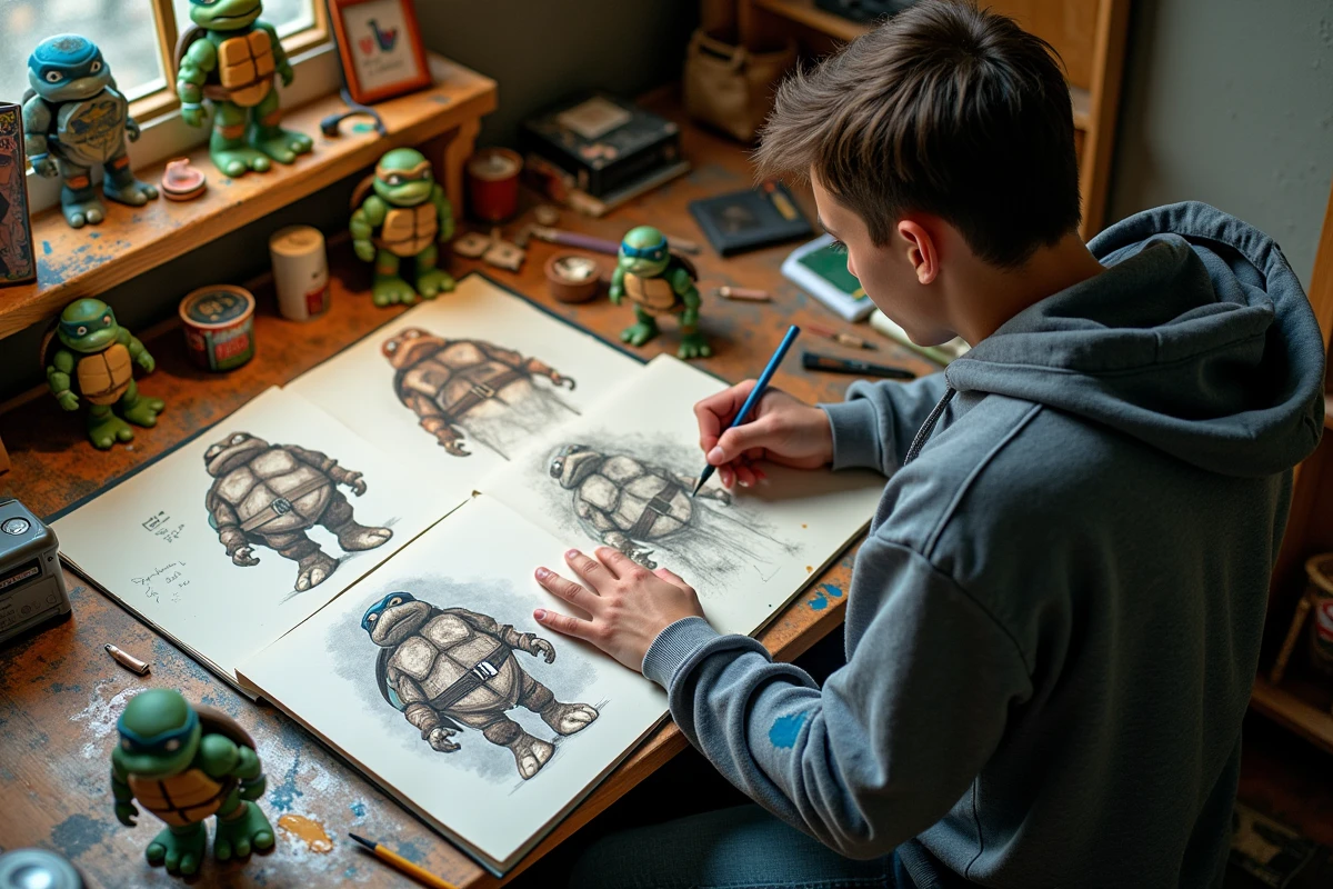 Jeune artiste esquissant des designs de tortues ninja sur son bureau
