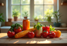 Légumes en conserve colorés sur une table en bois