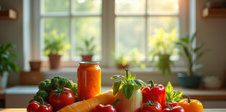 Légumes en conserve colorés sur une table en bois