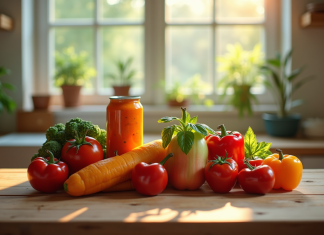 Légumes en conserve colorés sur une table en bois