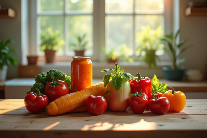 assortiment-lgumes-enconserve Légumes en conserve colorés sur une table en bois