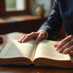 Mains d'avocat feuilletant un code civil usé sur un bureau en bois