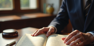 Mains d'avocat feuilletant un code civil usé sur un bureau en bois