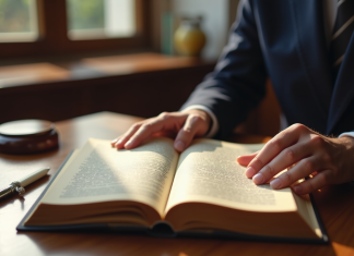 Mains d'avocat feuilletant un code civil usé sur un bureau en bois