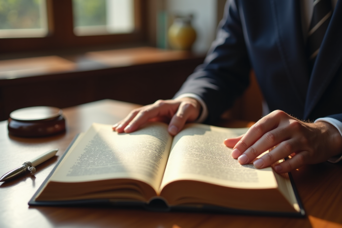 avocat-livre-code-civil Mains d'avocat feuilletant un code civil usé sur un bureau en bois