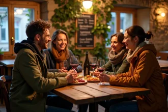 Groupe d'amis lyonnais attablés dans un bar à vins authentique du quartier Croix-Rousse à Lyon le soir