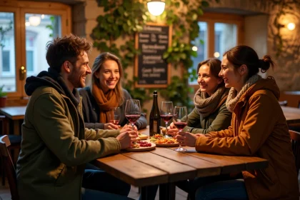 Groupe d'amis lyonnais attablés dans un bar à vins authentique du quartier Croix-Rousse à Lyon le soir