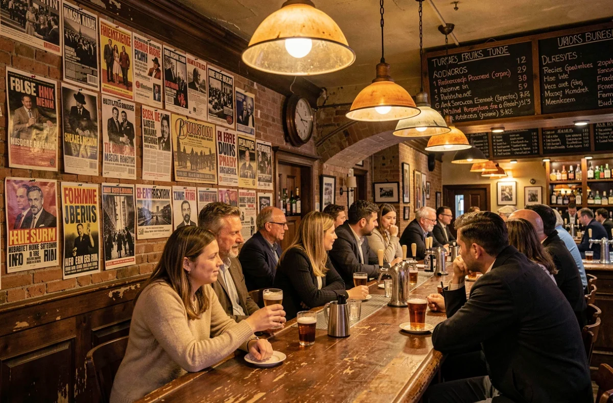 Bar strasbourgeois historique avec des murs en briques couverts d'affiches, un long comptoir et une clientèle fidèle et variée