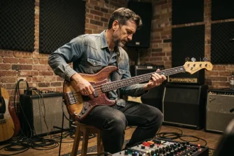 Bassiste jouant une Fender Bass VI dans un studio de répétition avec pédalboard au premier plan