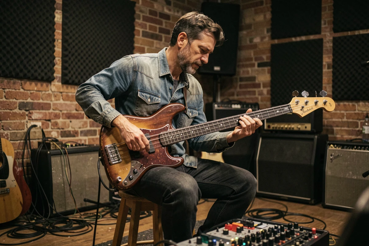 Bassiste jouant une Fender Bass VI dans un studio de répétition avec pédalboard au premier plan