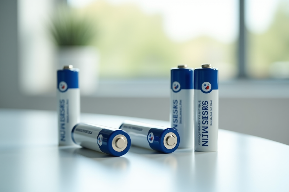 Sélection de batteries lithium-ion avec étiquettes Made in France sur une table