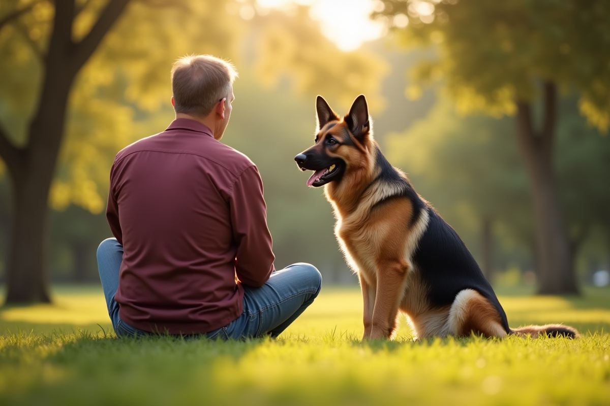 Chien berger allemand assis attentivement dans un parc ensoleille