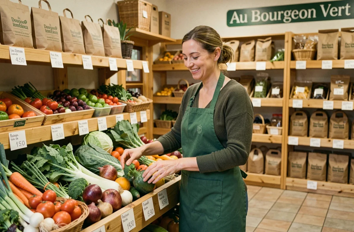 Épicière bio arrangeant des légumes frais dans le magasin Biocoop Au Bourgeon Vert