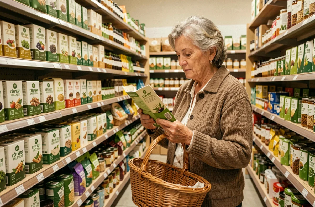Cliente lisant une étiquette produit dans le rayon épicerie bio de Biocoop L'Épi Vert