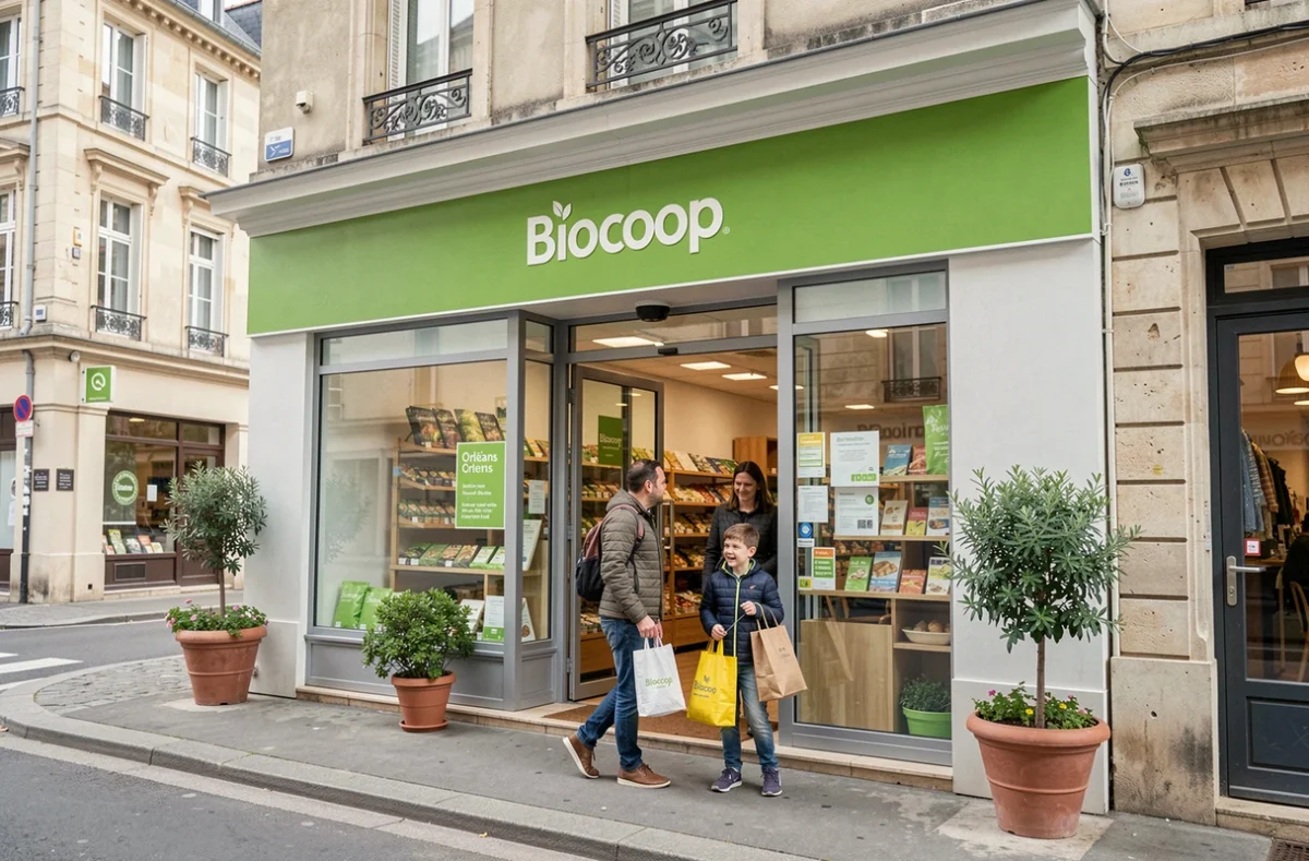 Façade du magasin Biocoop Orléans avec une famille arrivant pour faire leurs courses bio