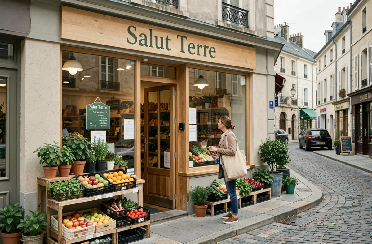 Façade d'entrée du magasin Biocoop Salut Terre avec une cliente et des caisses de fruits de saison