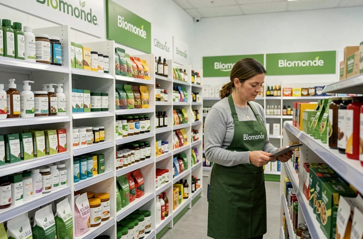 Employée conseillant une cliente dans le rayon santé naturelle de Biomonde Châteauroux