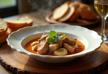 Veau blanquette en sauce dans une assiette élégante avec pain et vin blanc