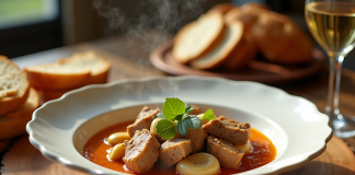 Veau blanquette en sauce dans une assiette élégante avec pain et vin blanc