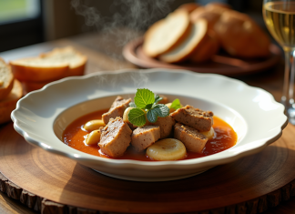 Veau blanquette en sauce dans une assiette élégante avec pain et vin blanc