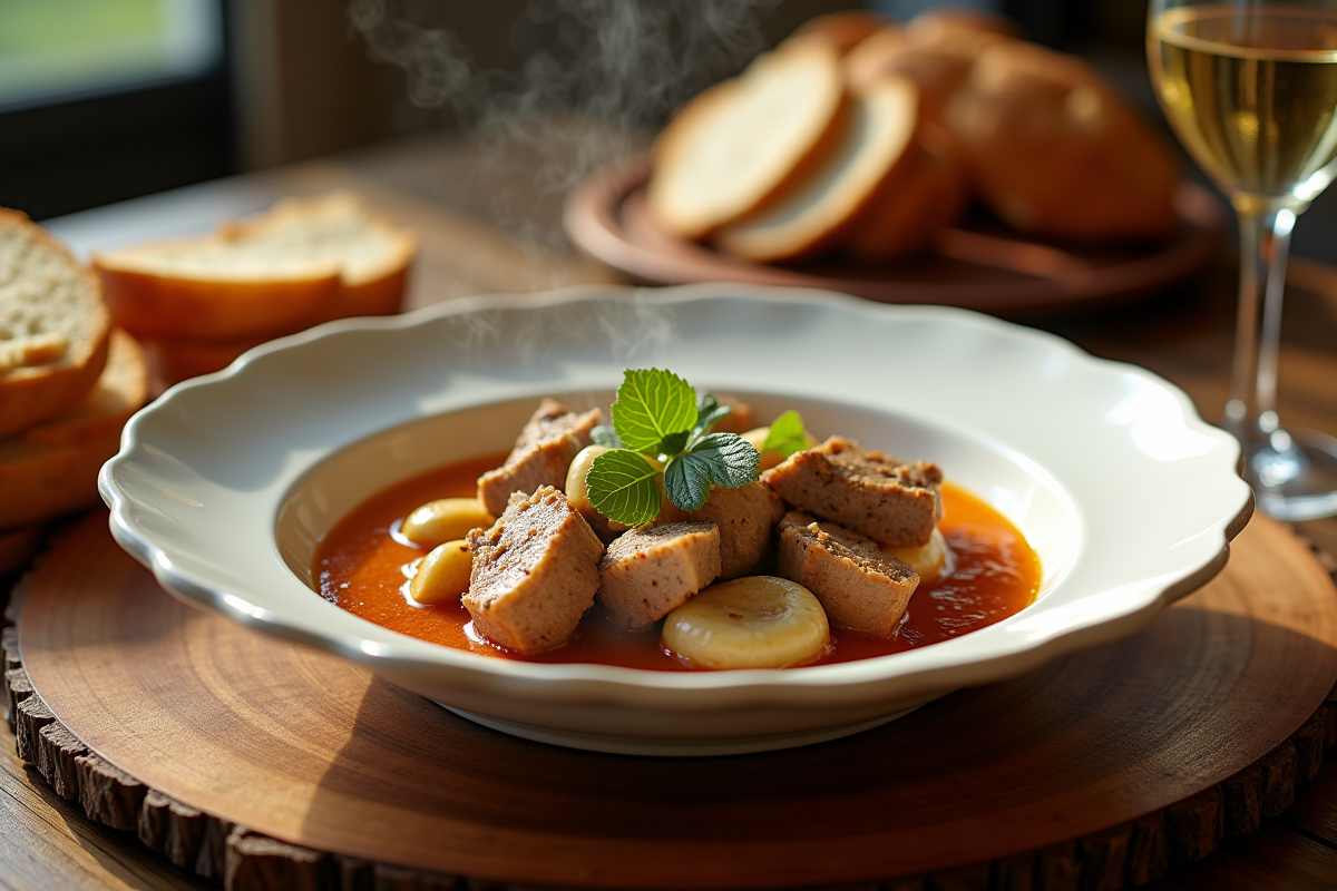 Veau blanquette en sauce dans une assiette élégante avec pain et vin blanc