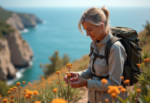 La faune et la flore de la réserve naturelle du Zingaro Botaniste femme inspectant des orchids sauvages en Zingaro
